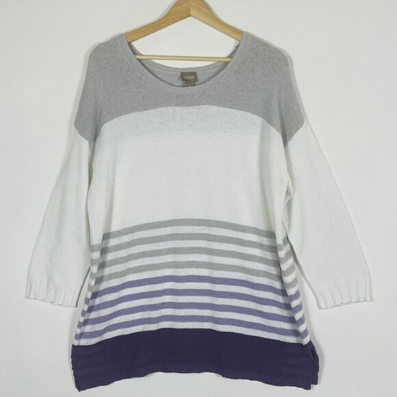 Chico's White Grey Purple Stripe 3/4 Sleeve‎ Nubby Knit Sweater Womens 1 Medium - Picture 1 of 7